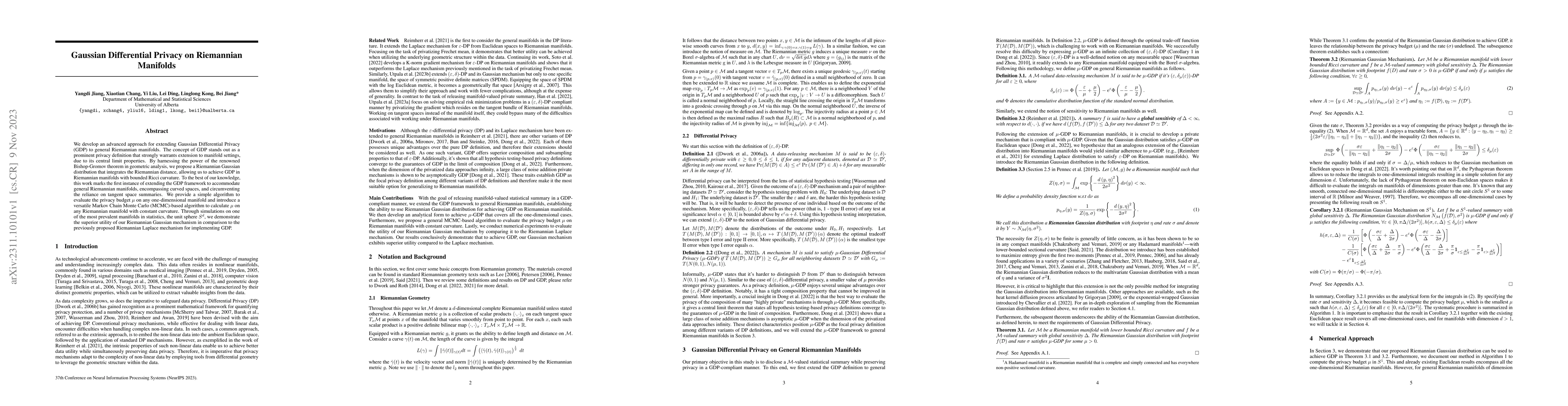 Thumbnail for Gaussian Differential Privacy on Riemannian Manifolds