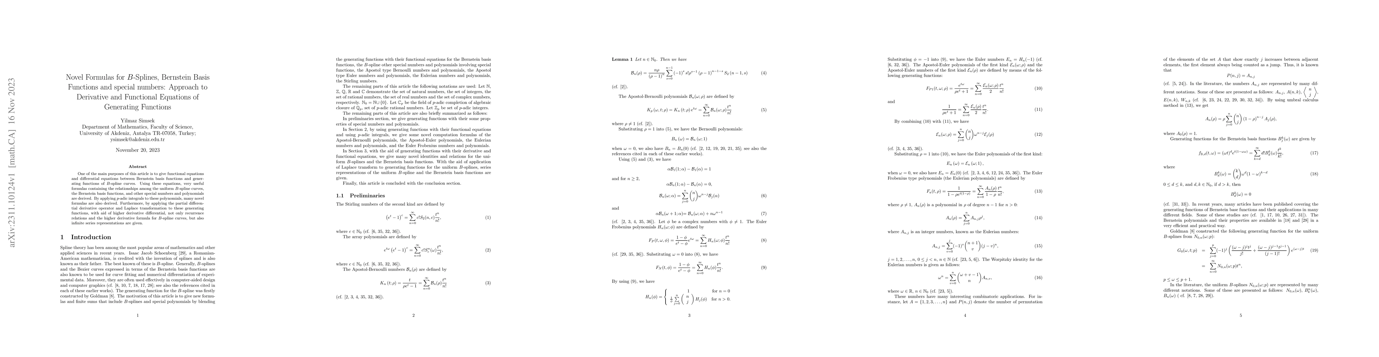 Thumbnail for Novel Formulas for B-Splines, Bernstein Basis Functions and special
  numbers: Approach to Derivative and Functional Equations of Generating
  Functions