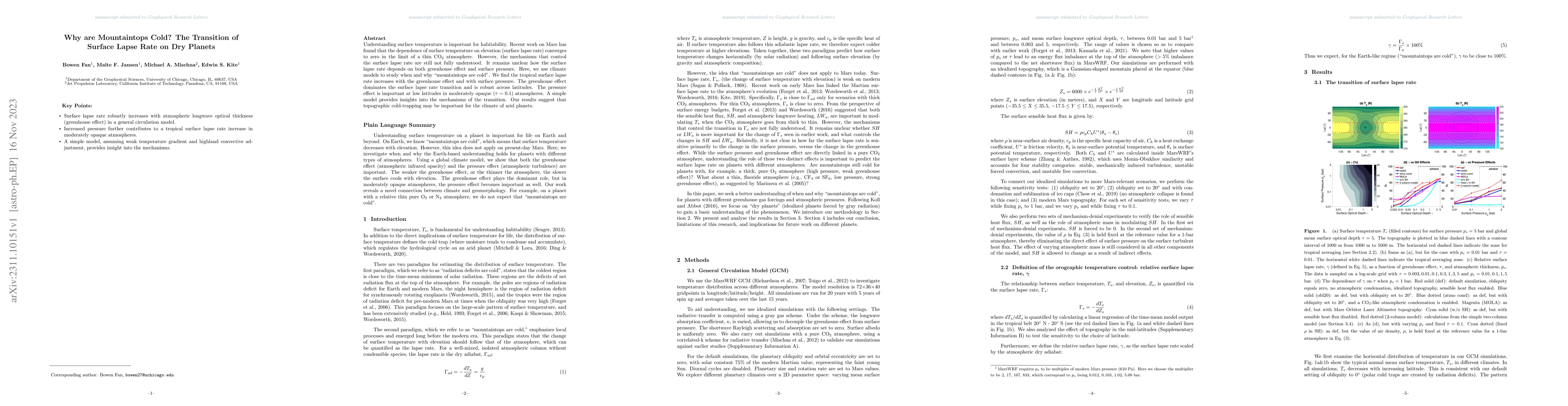 Thumbnail for Why are Mountaintops Cold? The Transition of Surface Lapse Rate on Dry
  Planets