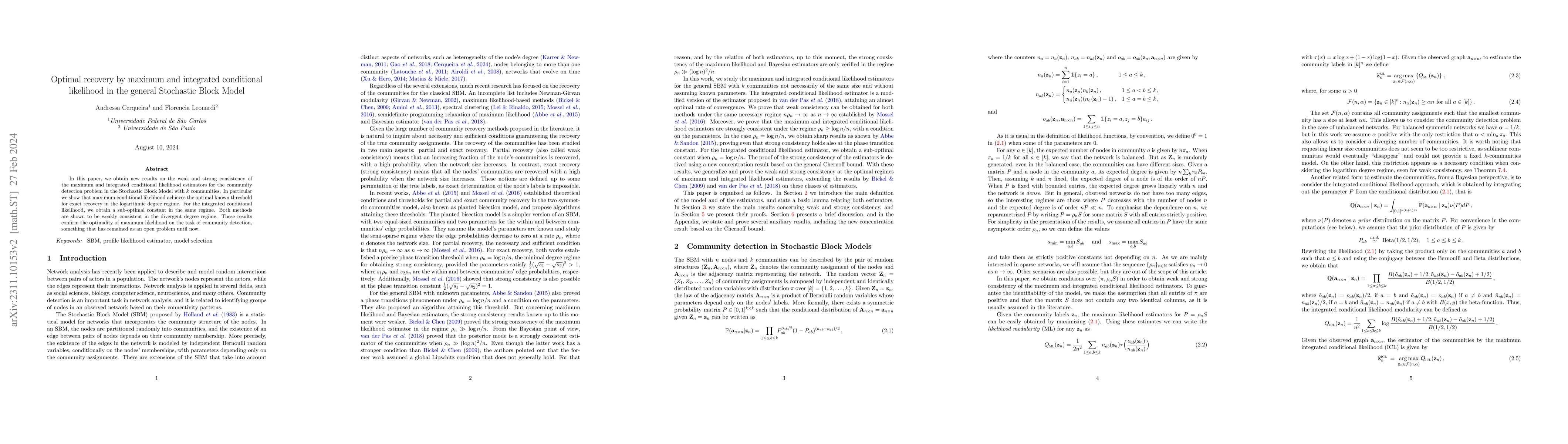 Thumbnail for Optimal recovery by maximum and integrated conditional likelihood in the
  general Stochastic Block Model