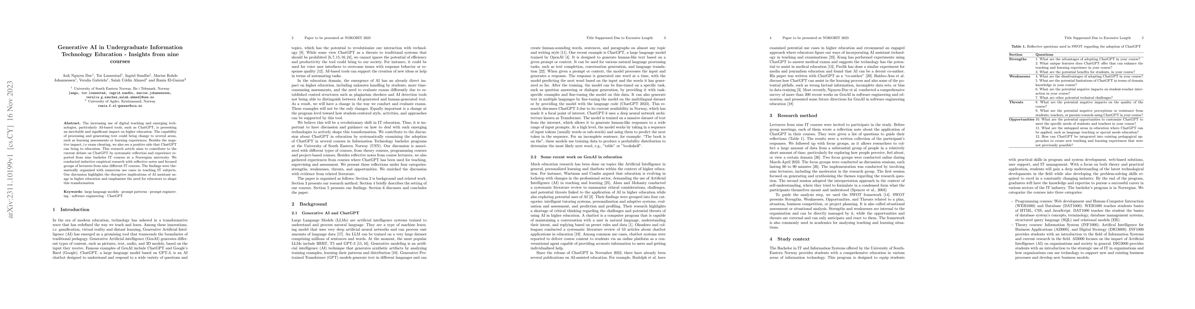Thumbnail for Generative AI in Undergraduate Information Technology Education --
  Insights from nine courses
