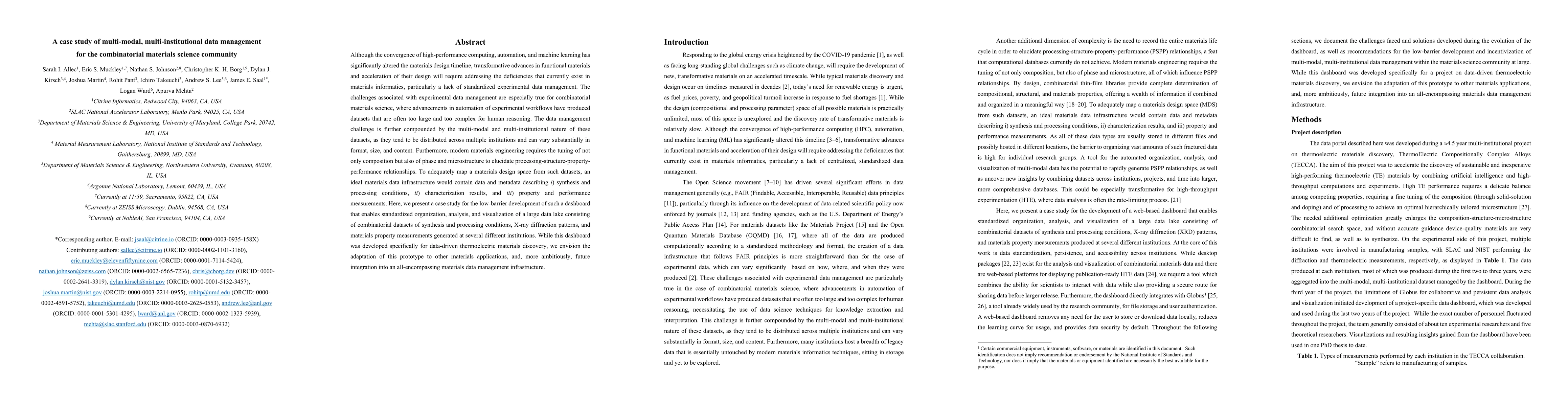 Thumbnail for A case study of multi-modal, multi-institutional data management for the
  combinatorial materials science community