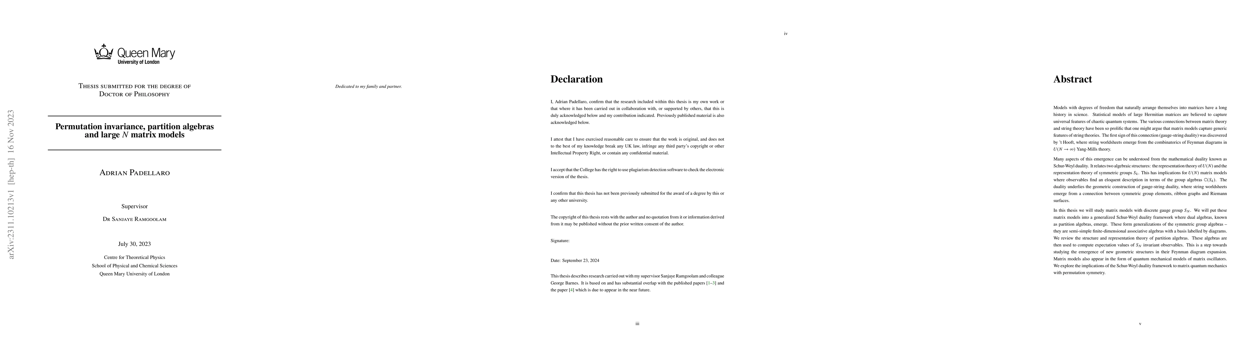 Thumbnail for Permutation invariance, partition algebras and large $N$ matrix models