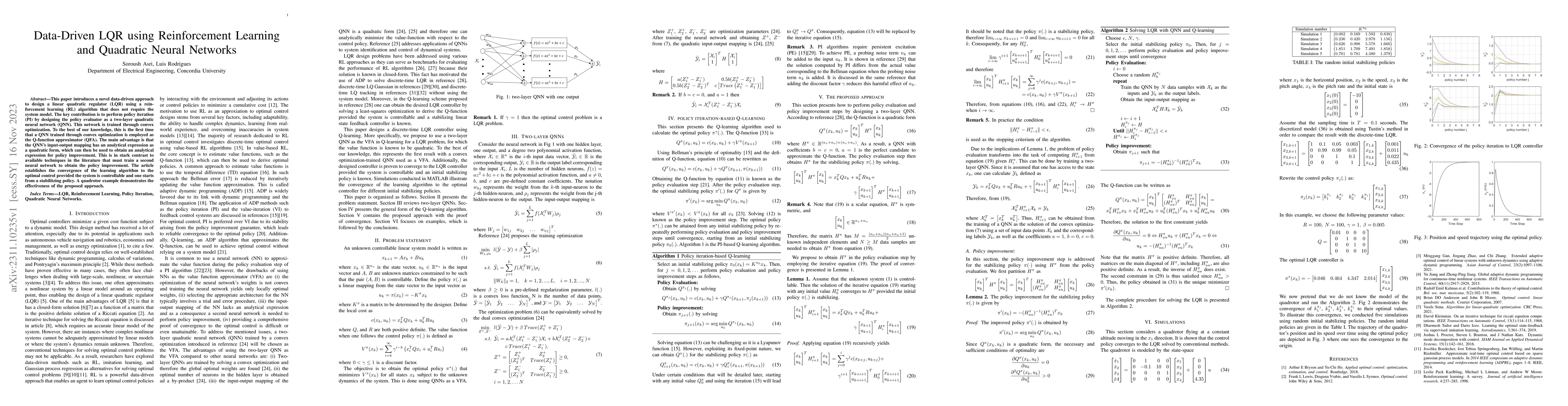 Thumbnail for Data-Driven LQR using Reinforcement Learning and Quadratic Neural
  Networks