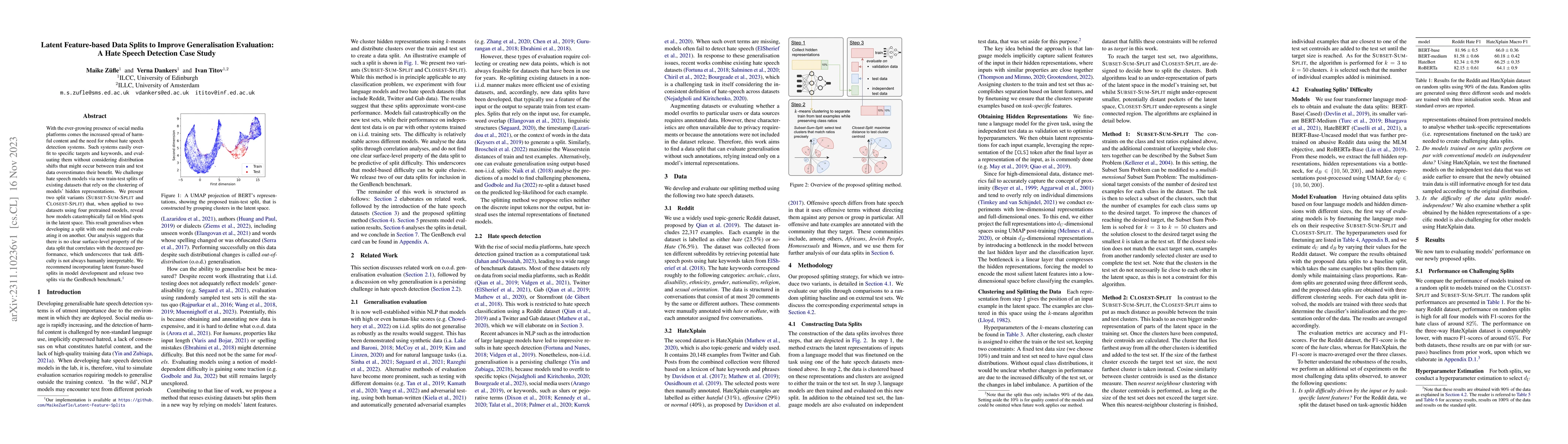Thumbnail for Latent Feature-based Data Splits to Improve Generalisation Evaluation: A
  Hate Speech Detection Case Study