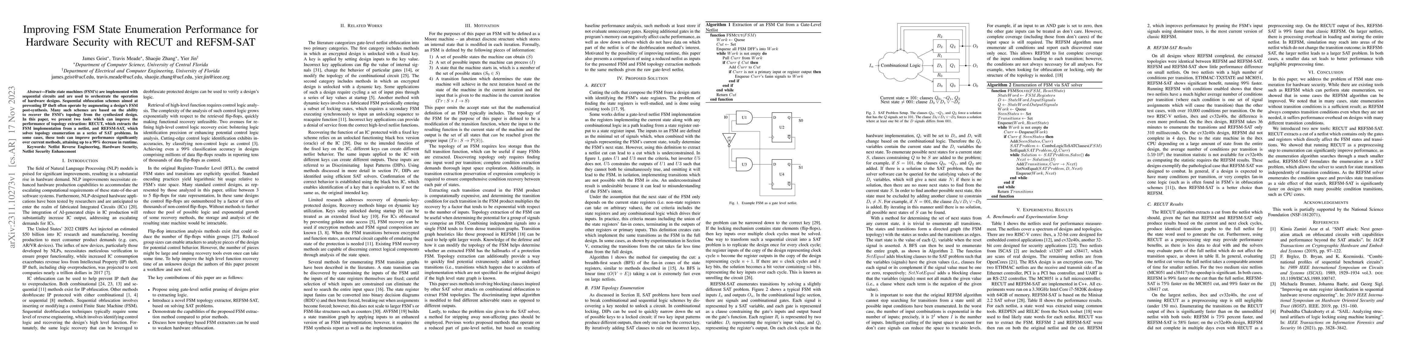 Thumbnail for Improving FSM State Enumeration Performance for Hardware Security with
  RECUT and REFSM-SAT