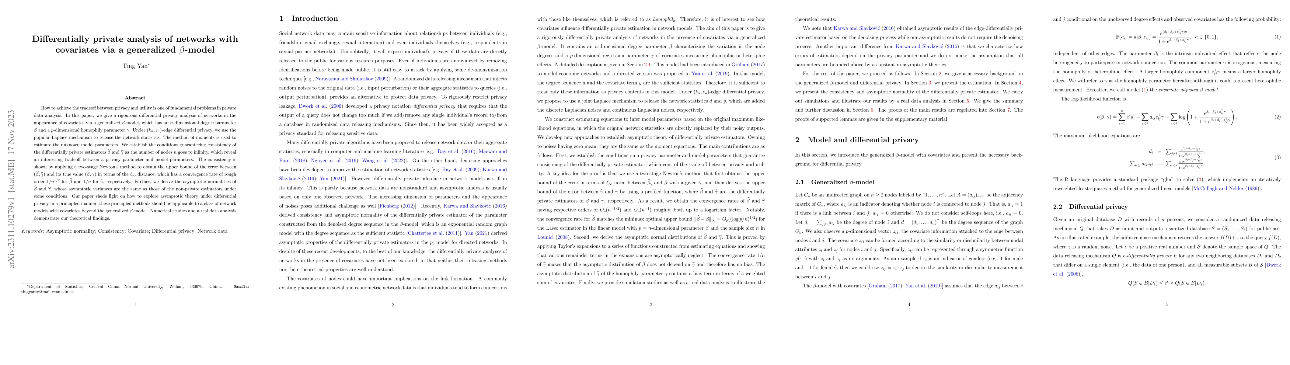 Thumbnail for Differentially private analysis of networks with covariates via a
  generalized $\beta$-model