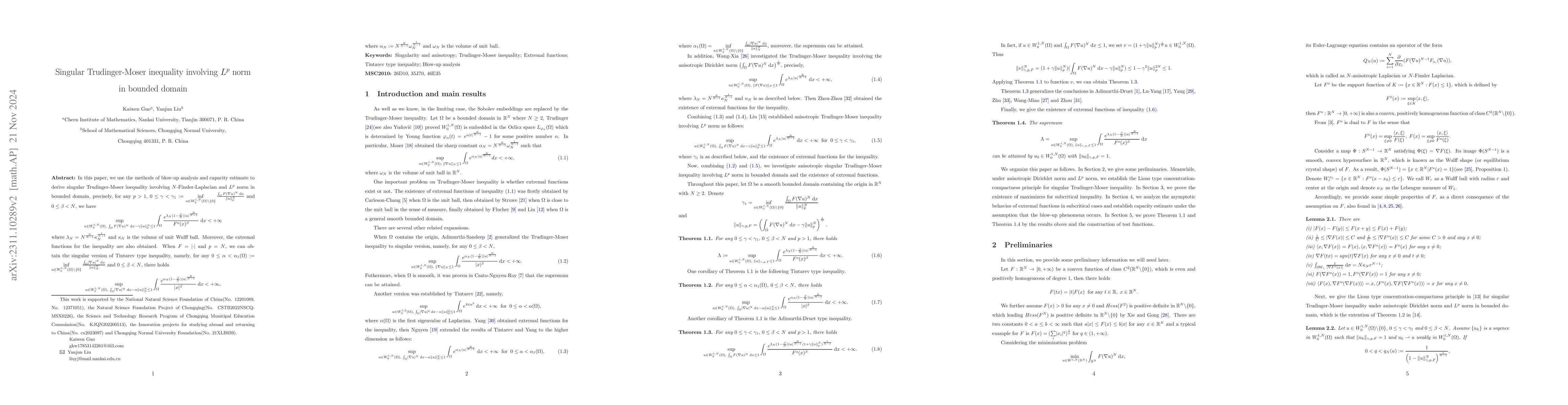 Thumbnail for Singular Trudinger--Moser inequality involving $L^{p}$ norm in bounded
  domain