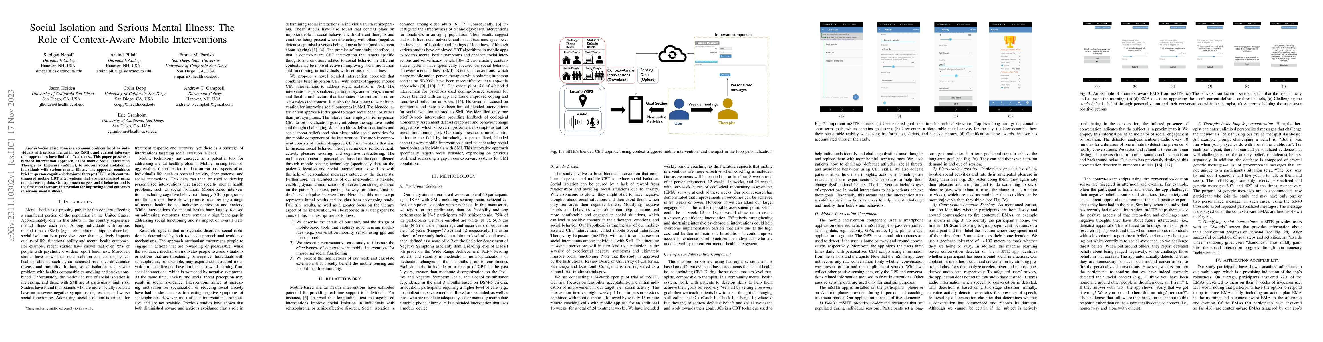 Thumbnail for Social Isolation and Serious Mental Illness: The Role of Context-Aware
  Mobile Interventions