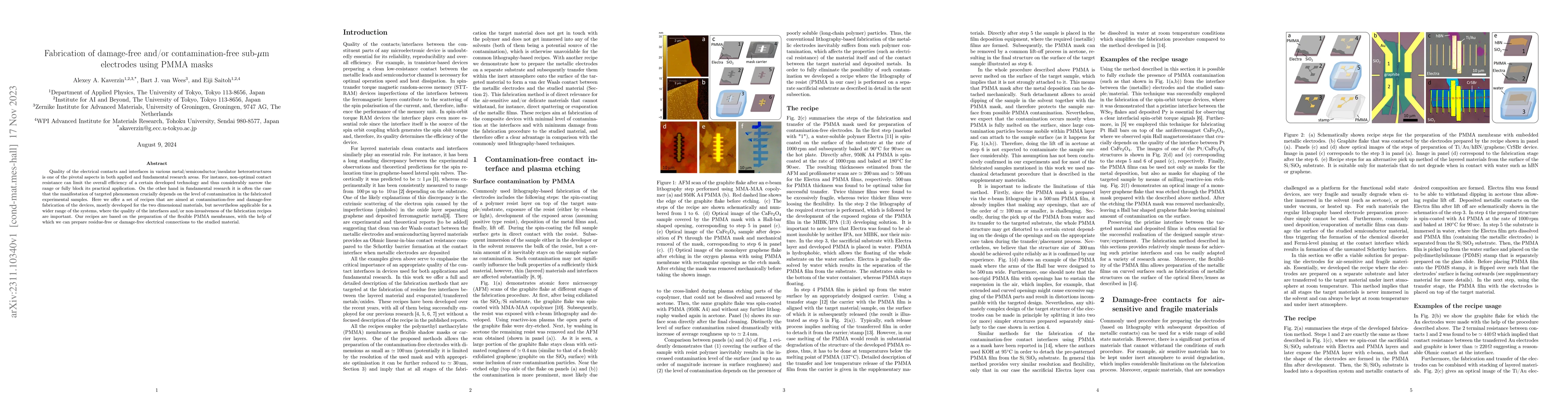 Thumbnail for Fabrication of damage-free and/or contamination-free sub-um electrodes
  using PMMA masks