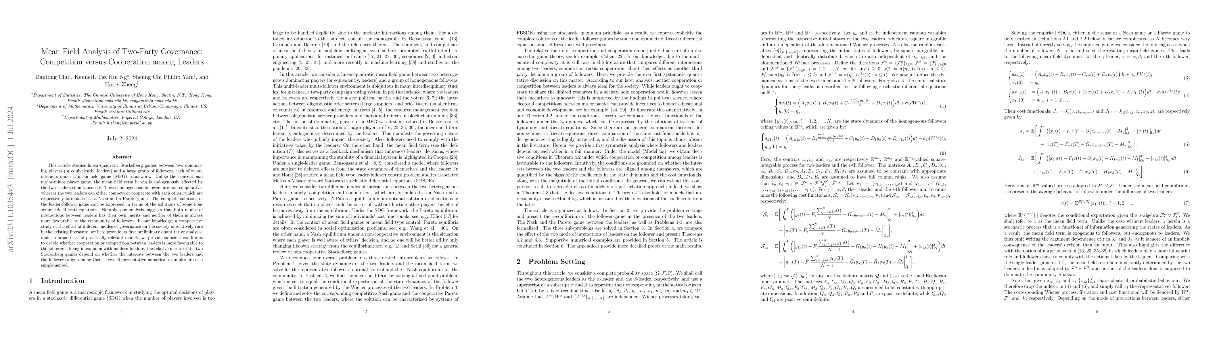 Thumbnail for Mean Field Analysis of Two-Party Governance: Competition versus
  Cooperation among Leaders