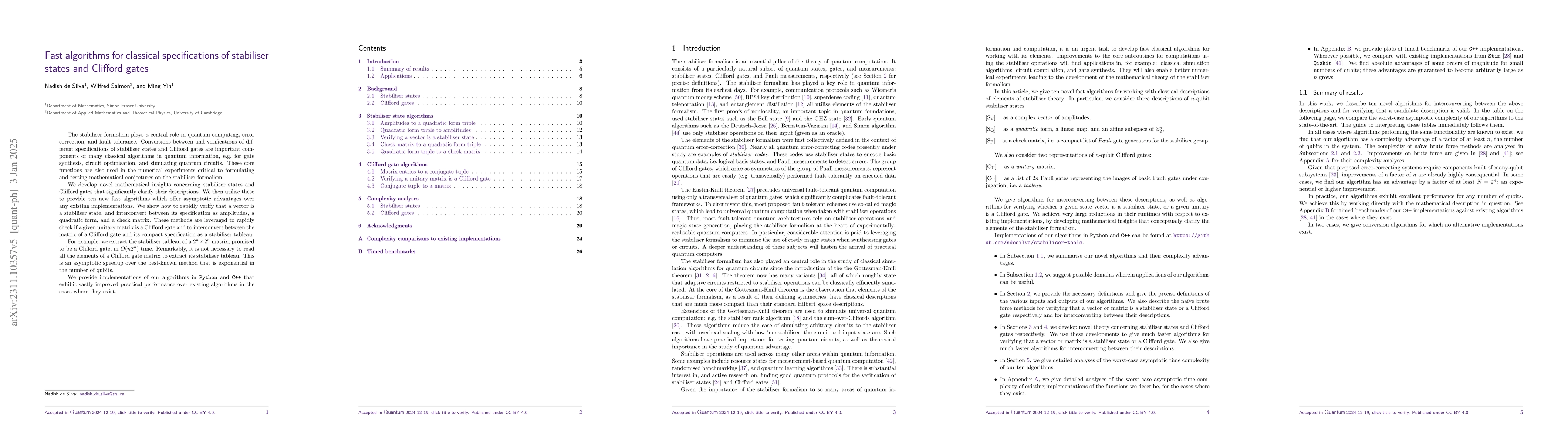 Thumbnail for Fast algorithms for classical specifications of stabiliser states and
  Clifford gates