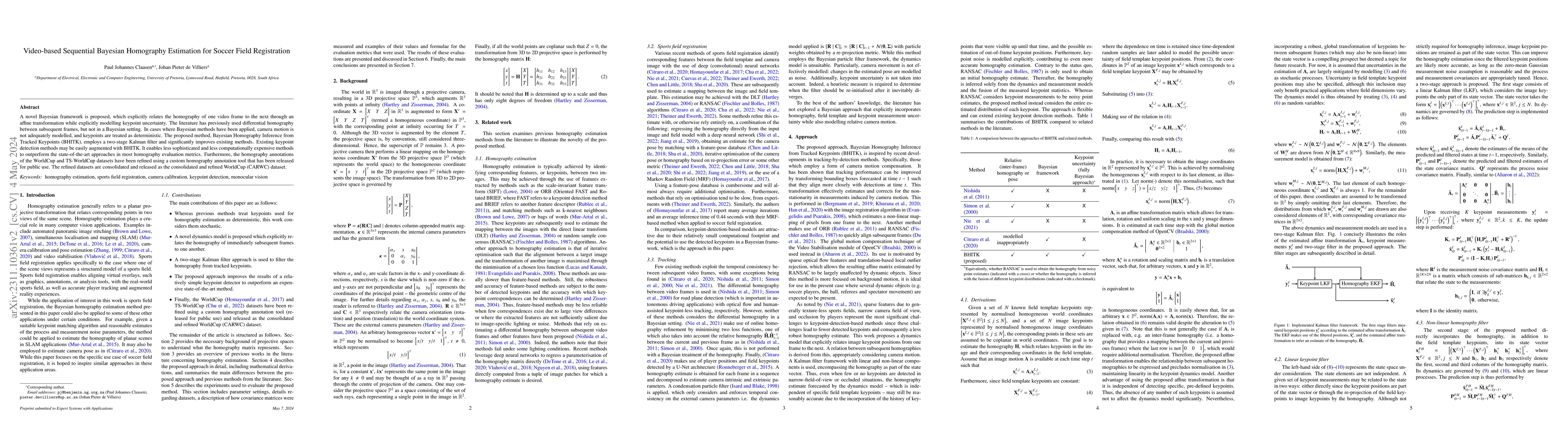Thumbnail for Video-based Sequential Bayesian Homography Estimation for Soccer Field
  Registration