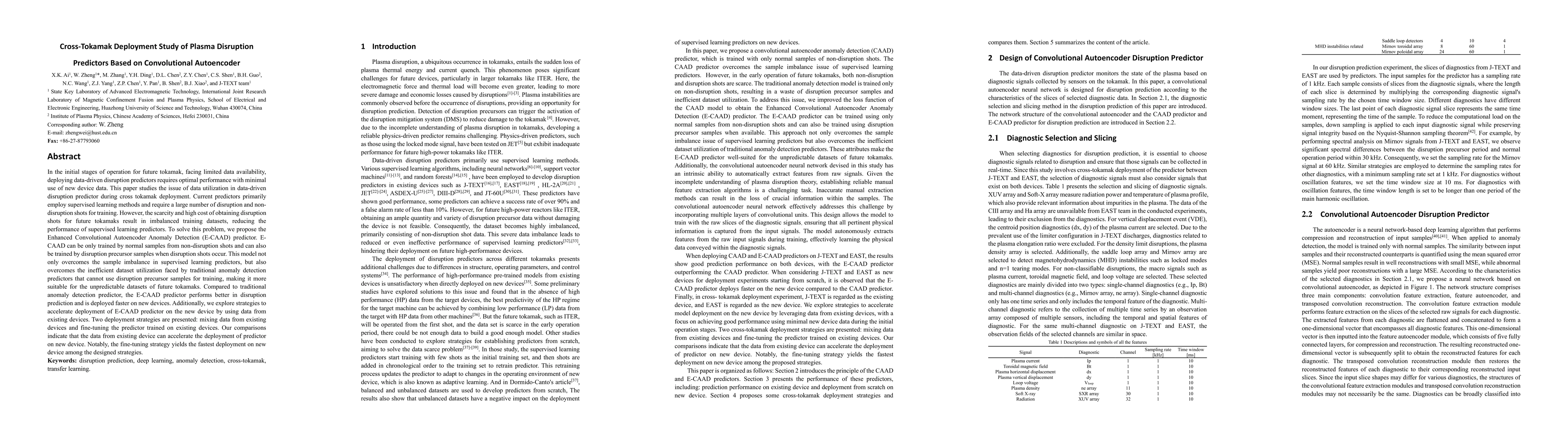 Thumbnail for Cross-Tokamak Deployment Study of Plasma Disruption Predictors Based on
  Convolutional Autoencoder