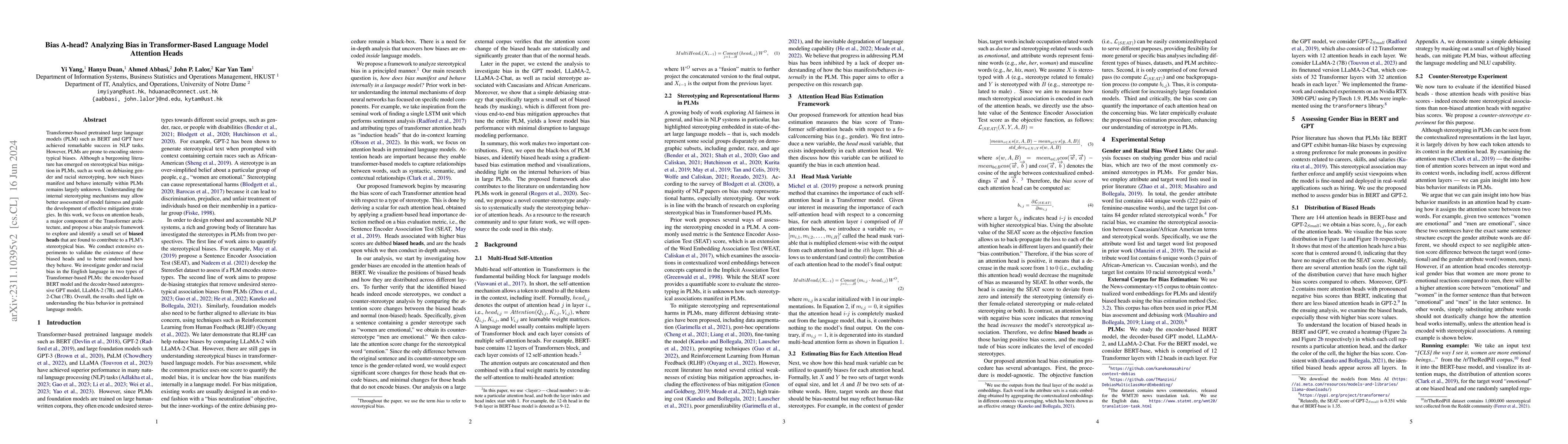 Thumbnail for Bias A-head? Analyzing Bias in Transformer-Based Language Model
  Attention Heads