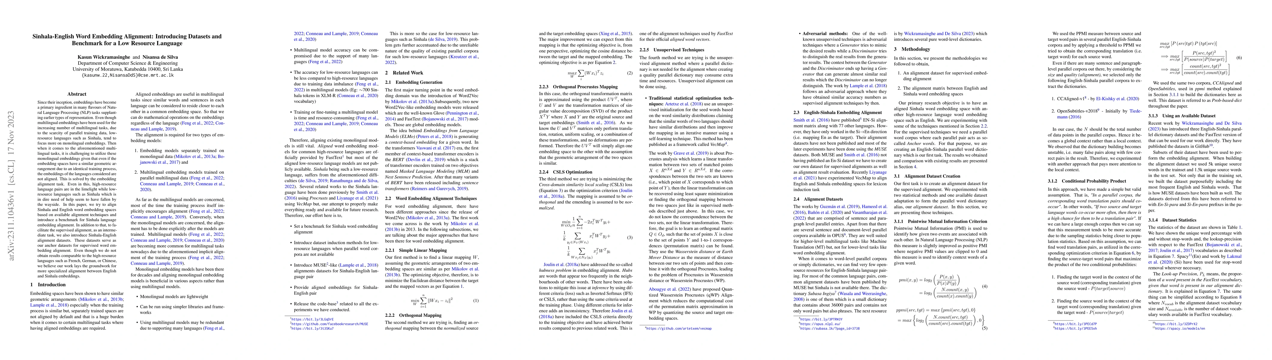 Thumbnail for Sinhala-English Word Embedding Alignment: Introducing Datasets and
  Benchmark for a Low Resource Language