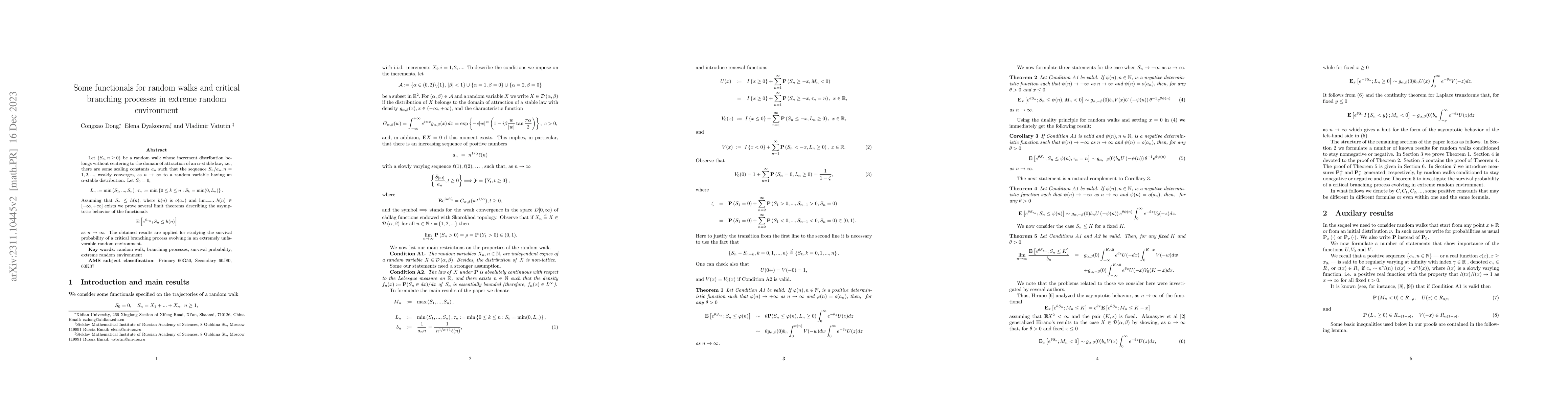 Thumbnail for Some functionals for random walks and critical branching processes in
  extreme random environment