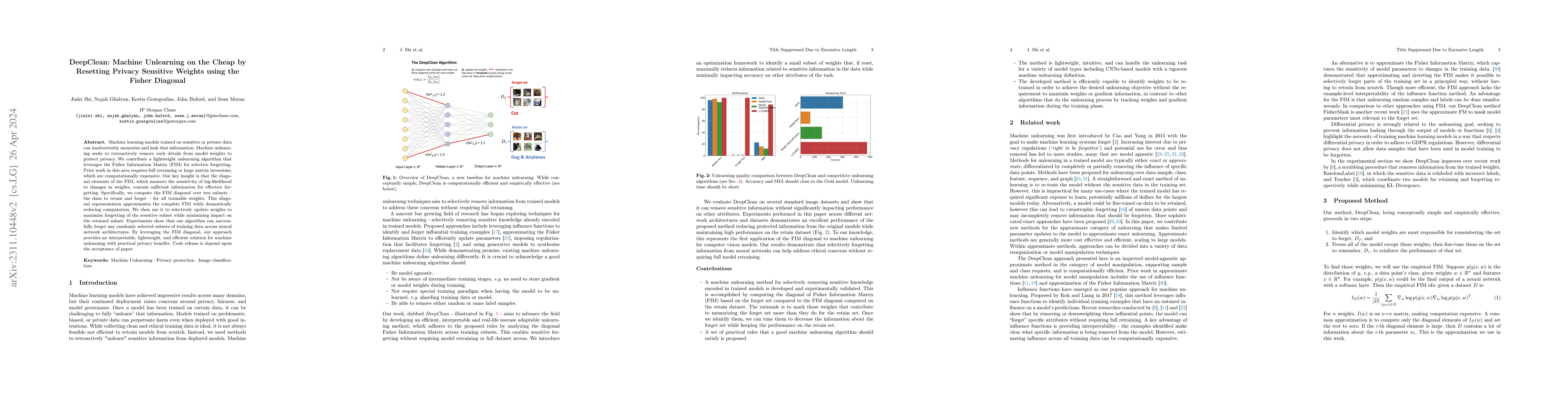 Thumbnail for DeepClean: Machine Unlearning on the Cheap by Resetting Privacy
  Sensitive Weights using the Fisher Diagonal
