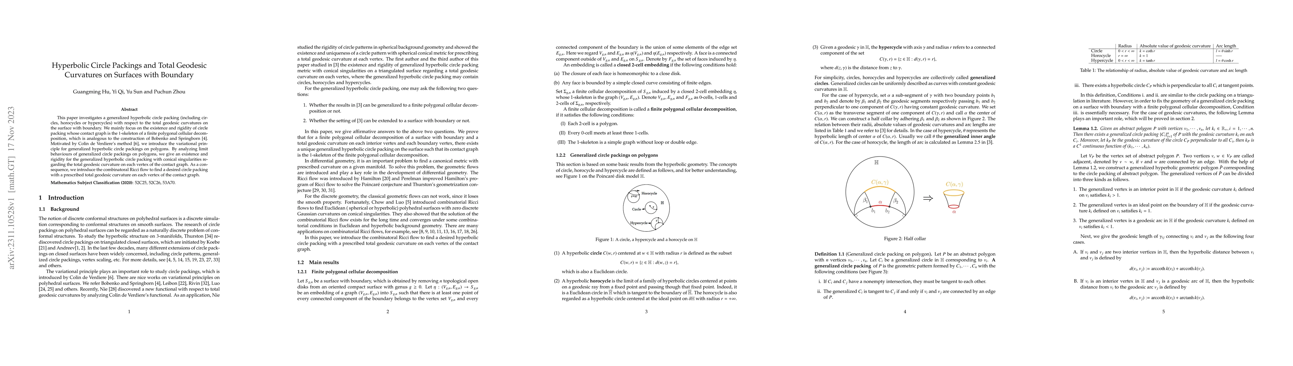 Thumbnail for Hyperbolic Circle Packings and Total Geodesic Curvatures on Surfaces
  with Boundary