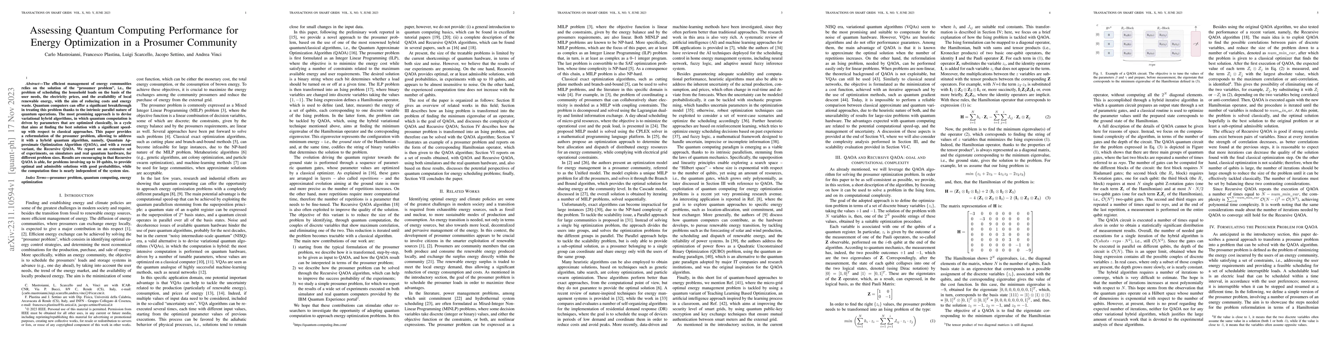 Thumbnail for Assessing Quantum Computing Performance for Energy Optimization in a
  Prosumer Community