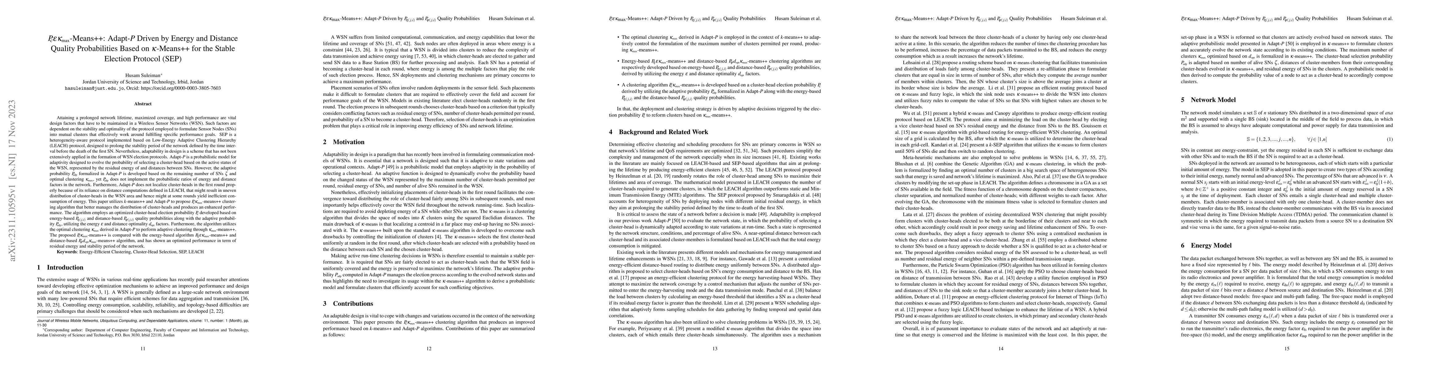 Thumbnail for $P_c\varepsilon\kappa_{max}$-Means++: Adapt-$P$ Driven by Energy and
  Distance Quality Probabilities Based on $\kappa$-Means++ for the Stable
  Election Protocol (SEP)