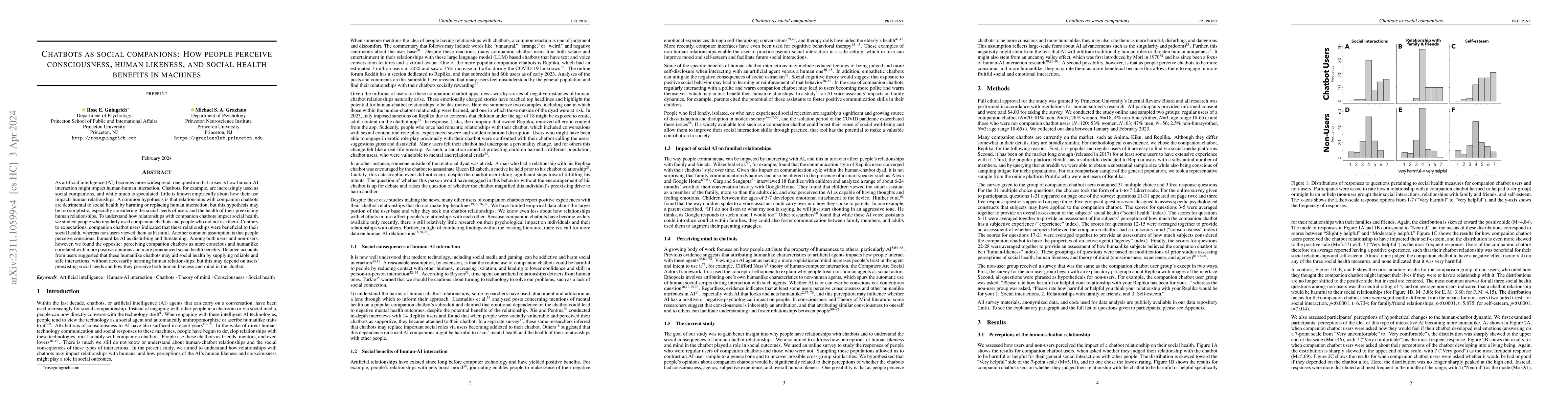 Thumbnail for Chatbots as social companions: How people perceive consciousness, human
  likeness, and social health benefits in machines