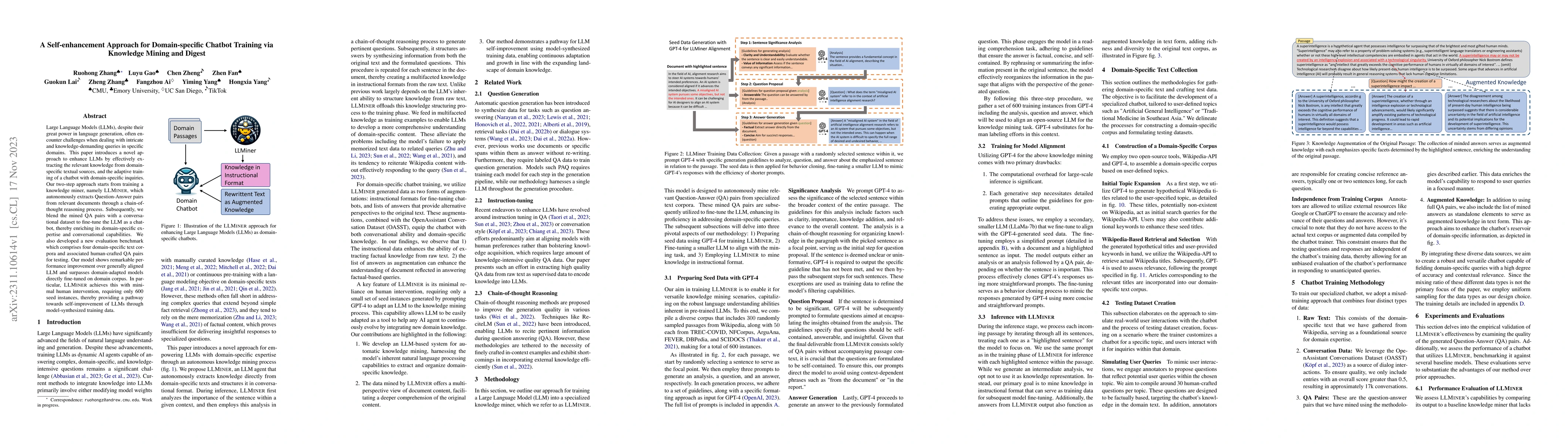 Thumbnail for A Self-enhancement Approach for Domain-specific Chatbot Training via
  Knowledge Mining and Digest