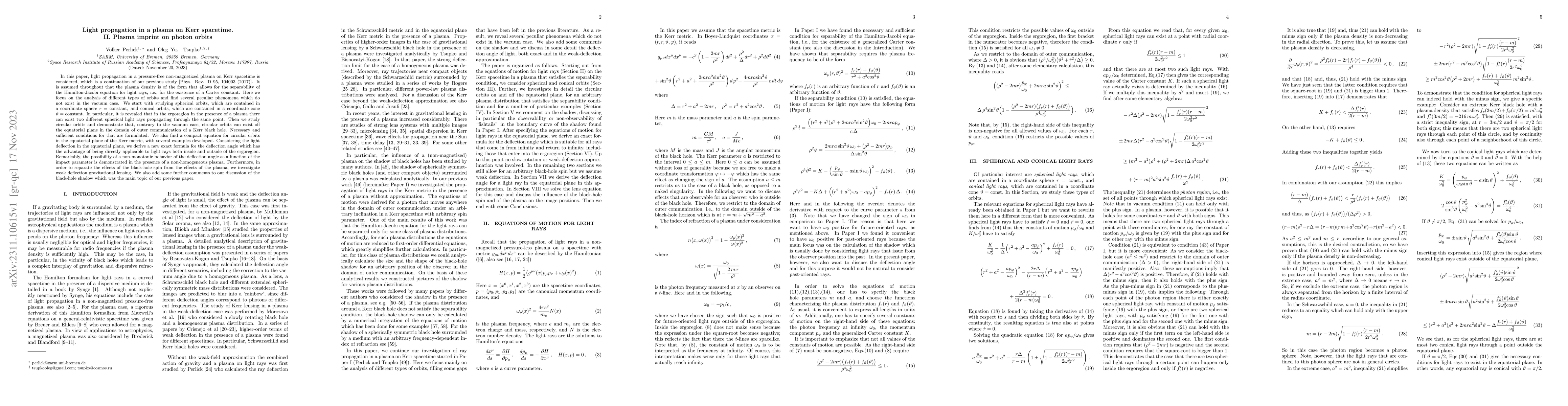 Thumbnail for Light propagation in a plasma on Kerr spacetime. II. Plasma imprint on
  photon orbits
