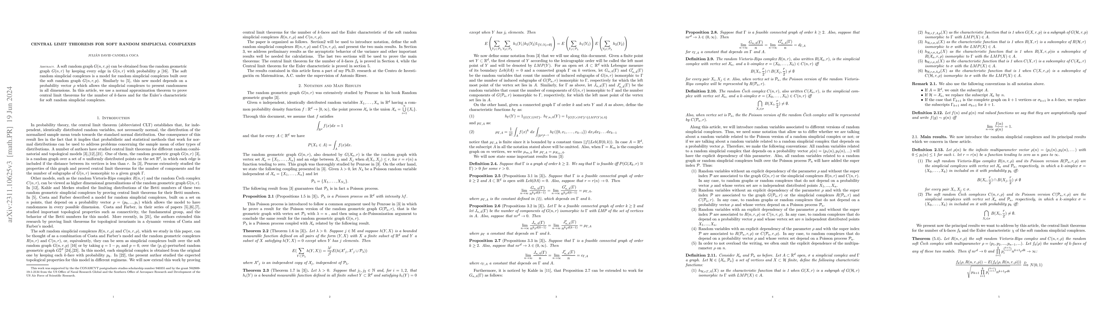 Thumbnail for Central limit theorems for Soft random simplicial complexes
