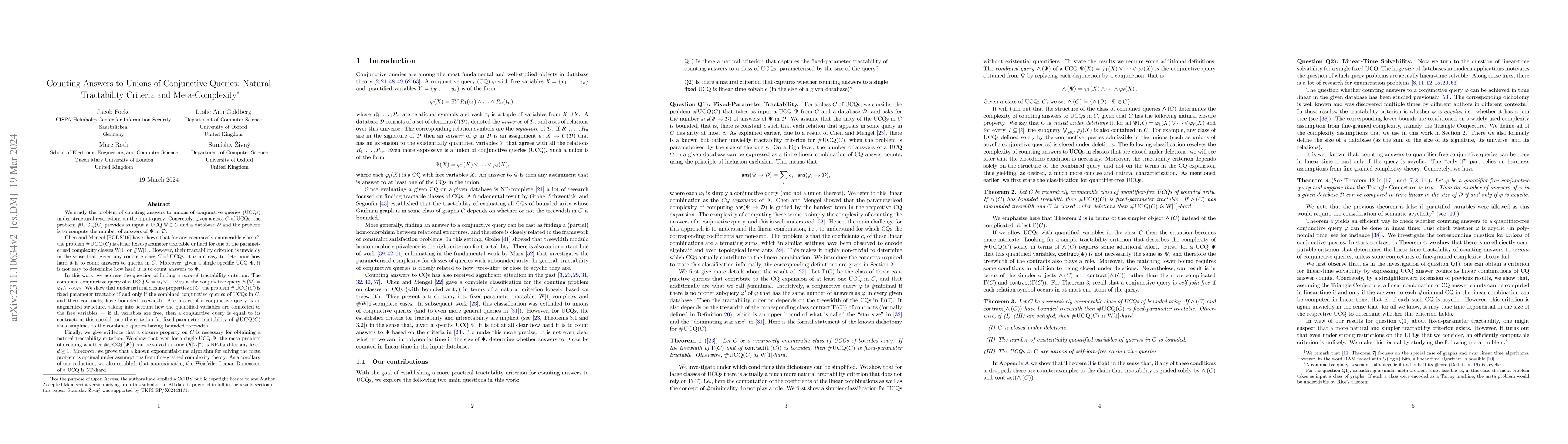 Thumbnail for Counting Answers to Unions of Conjunctive Queries: Natural Tractability
  Criteria and Meta-Complexity