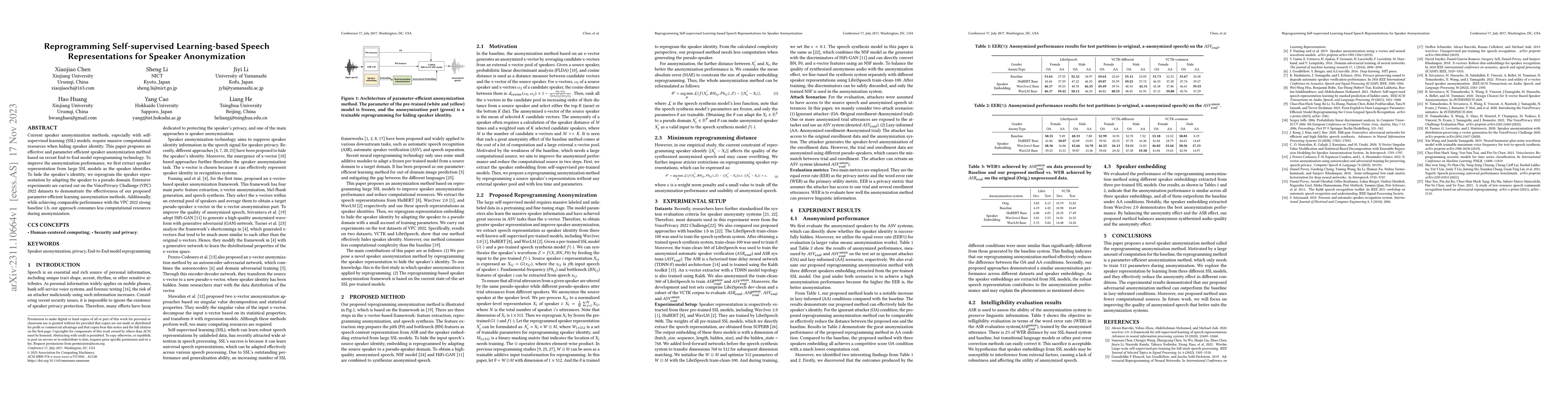Thumbnail for Reprogramming Self-supervised Learning-based Speech Representations for
  Speaker Anonymization