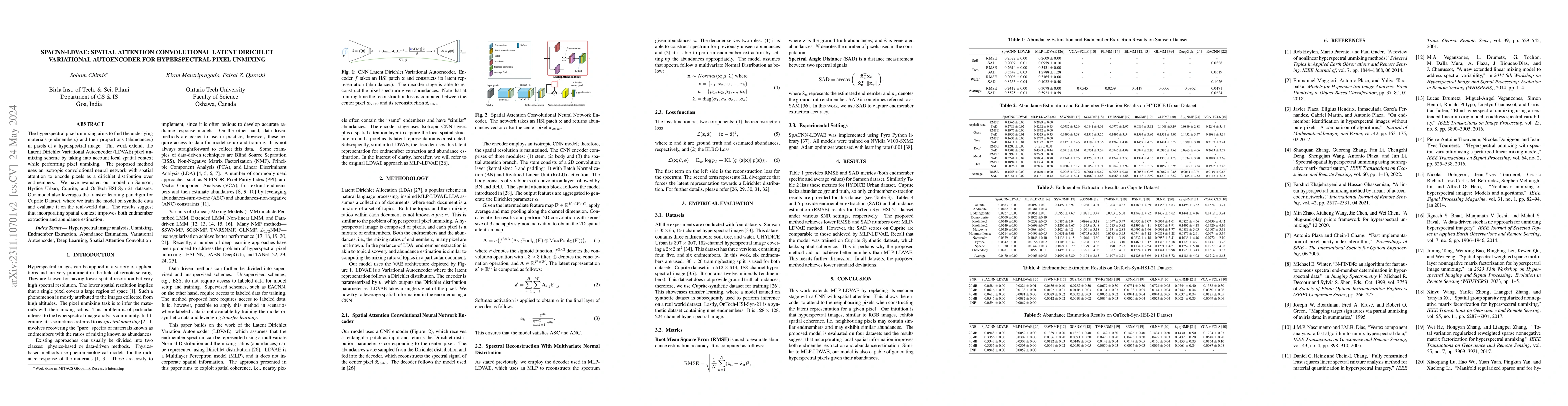 Thumbnail for SpACNN-LDVAE: Spatial Attention Convolutional Latent Dirichlet
  Variational Autoencoder for Hyperspectral Pixel Unmixing