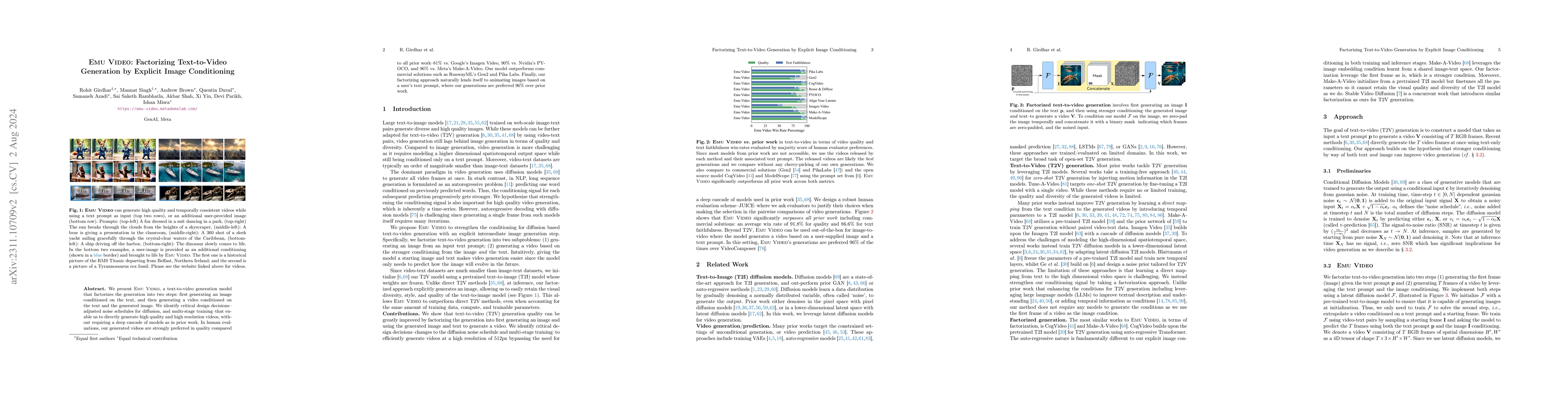 Thumbnail for Emu Video: Factorizing Text-to-Video Generation by Explicit Image
  Conditioning