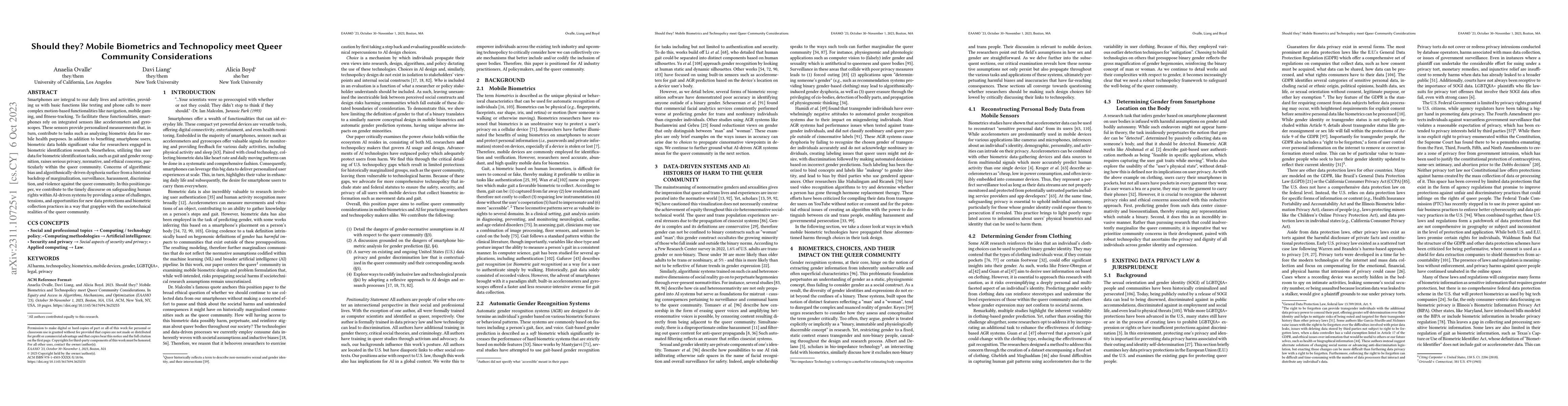 Thumbnail for Should they? Mobile Biometrics and Technopolicy meet Queer Community
  Considerations