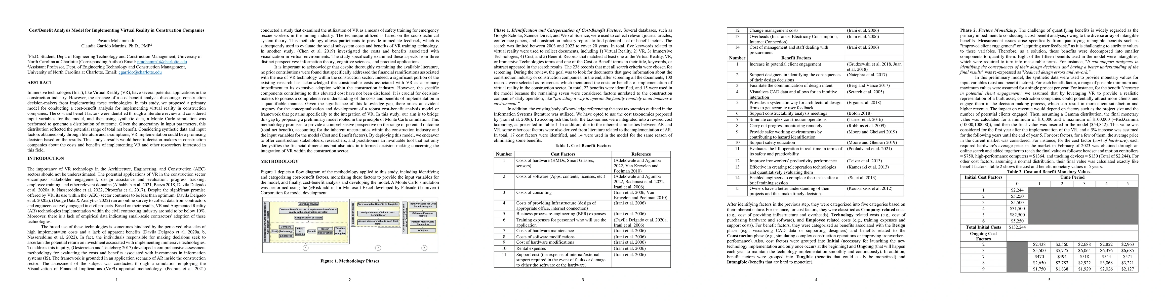 Thumbnail for Cost/benefit analysis model for implementing virtual reality in
  construction companies