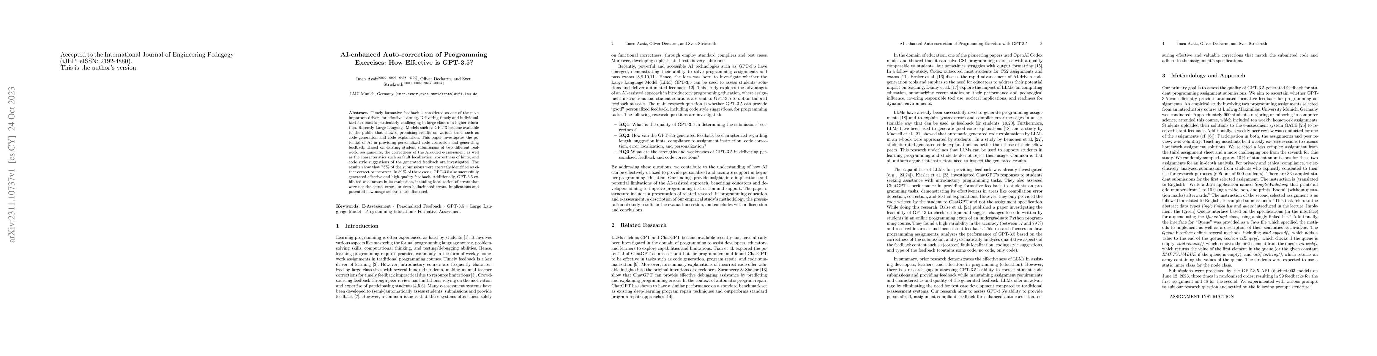 Thumbnail for AI-enhanced Auto-correction of Programming Exercises: How Effective is
  GPT-3.5?