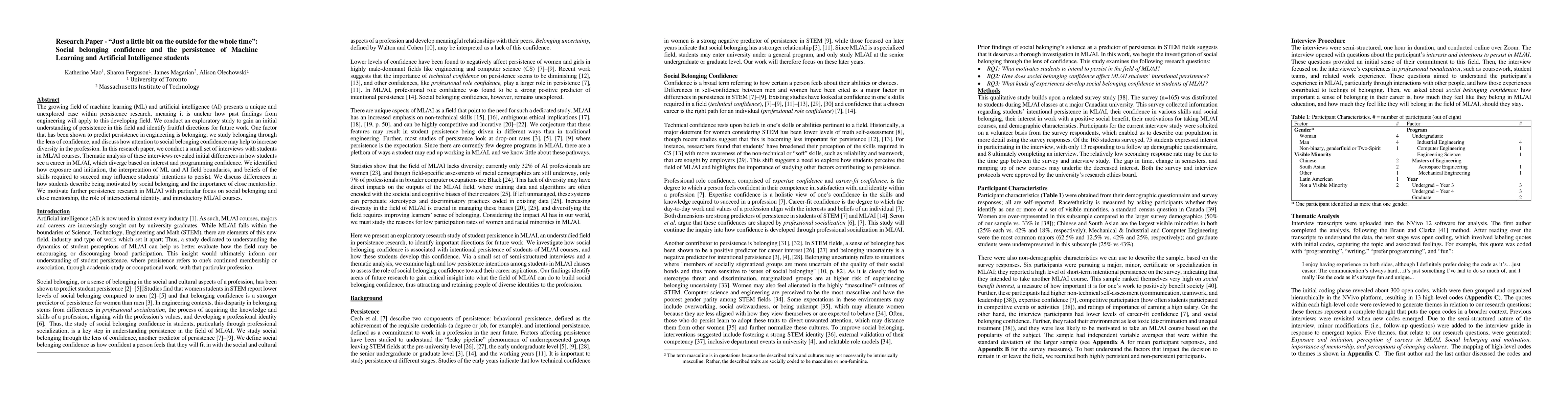 Thumbnail for "Just a little bit on the outside for the whole time": Social belonging
  confidence and the persistence of Machine Learning and Artificial
  Intelligence students