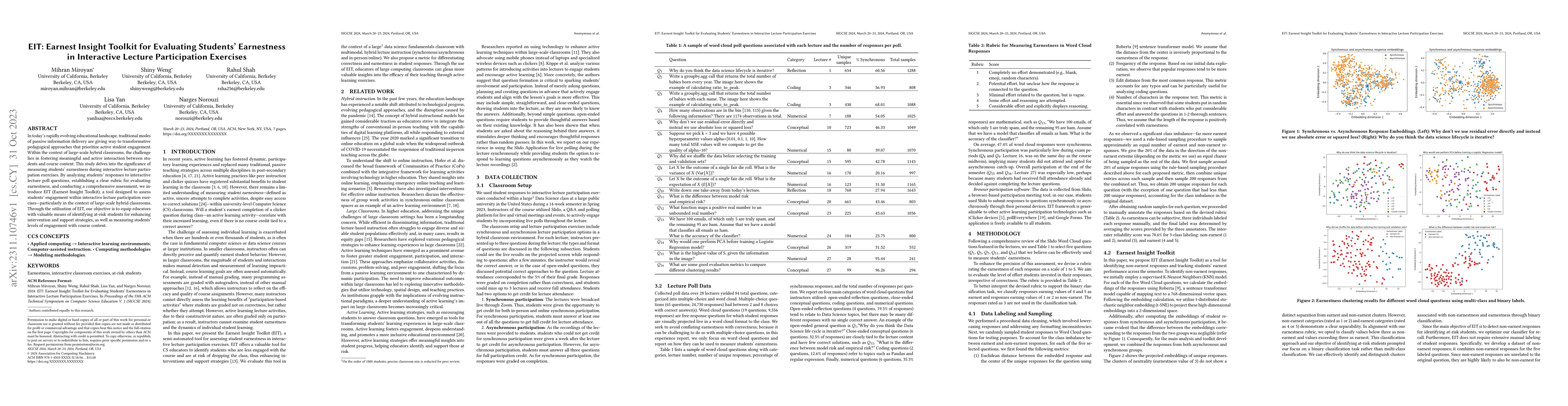 Thumbnail for EIT: Earnest Insight Toolkit for Evaluating Students' Earnestness in
  Interactive Lecture Participation Exercises