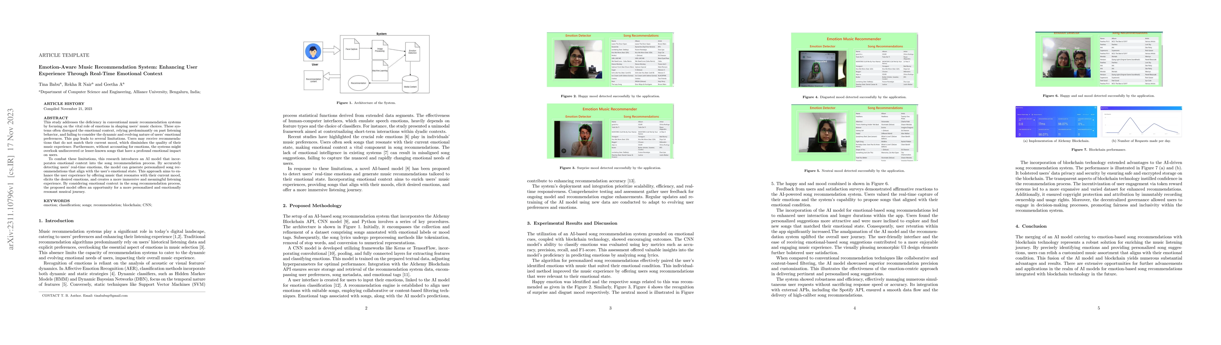 Thumbnail for Emotion-Aware Music Recommendation System: Enhancing User Experience
  Through Real-Time Emotional Context