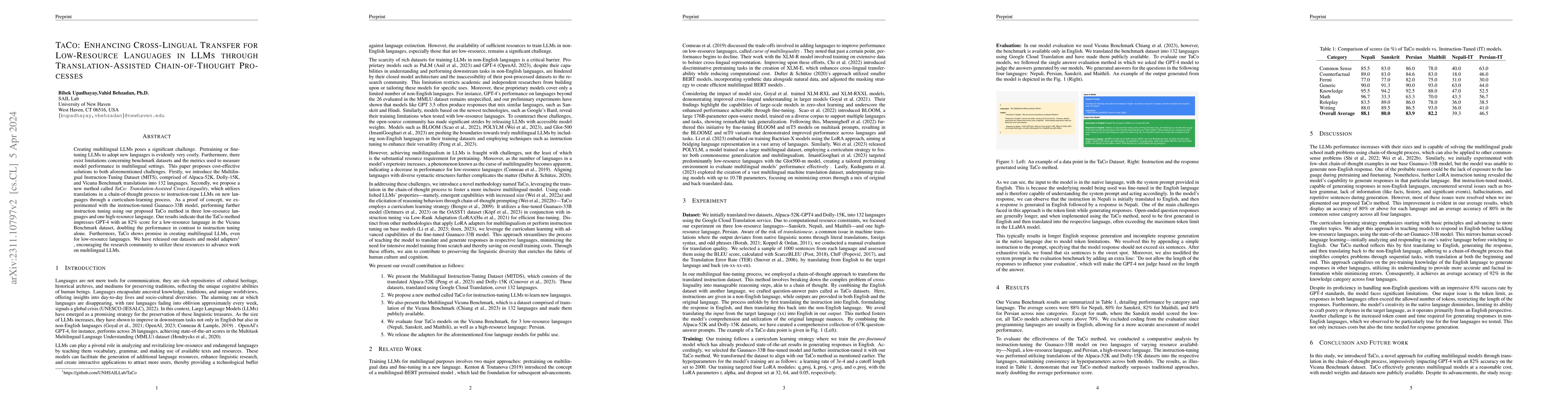 Thumbnail for TaCo: Enhancing Cross-Lingual Transfer for Low-Resource Languages in
  LLMs through Translation-Assisted Chain-of-Thought Processes