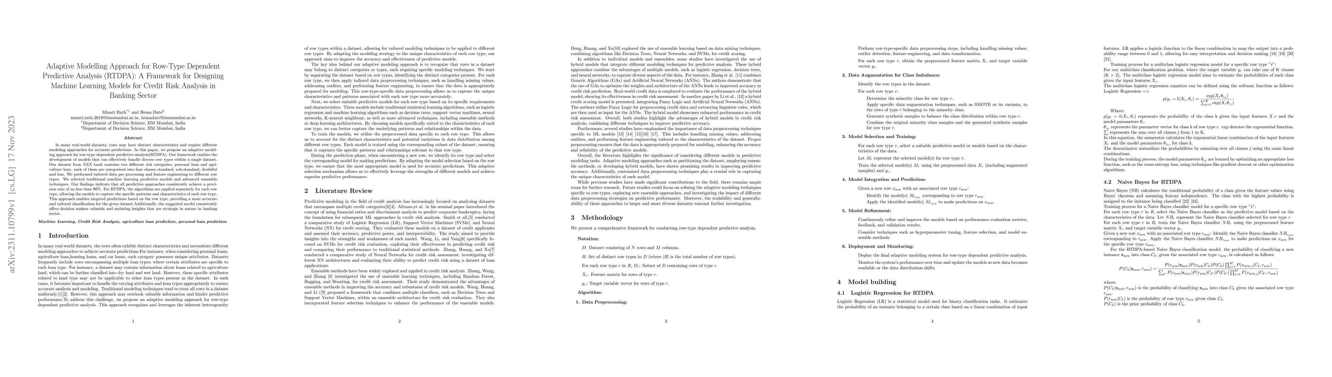 Thumbnail for Adaptive Modelling Approach for Row-Type Dependent Predictive Analysis
  (RTDPA): A Framework for Designing Machine Learning Models for Credit Risk
  Analysis in Banking Sector