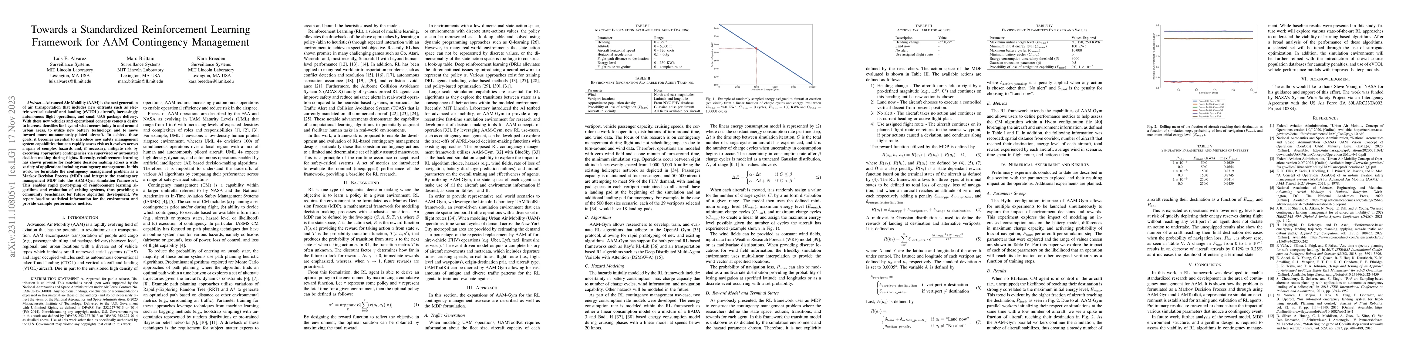 Thumbnail for Towards a Standardized Reinforcement Learning Framework for AAM
  Contingency Management