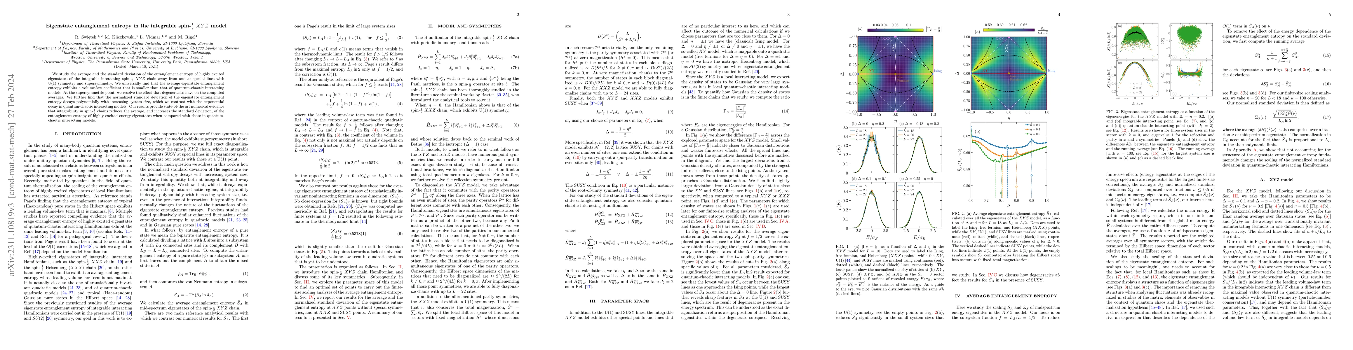 Thumbnail for Eigenstate entanglement entropy in the integrable spin-$\frac{1}{2}$ XYZ
  model
