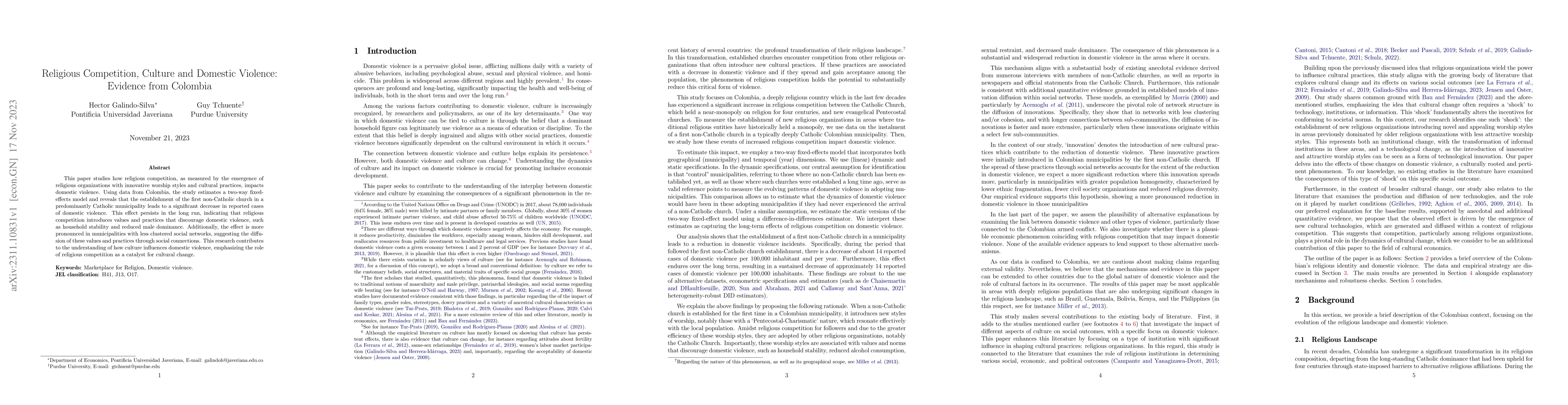 Thumbnail for Religious Competition, Culture and Domestic Violence: Evidence from
  Colombia