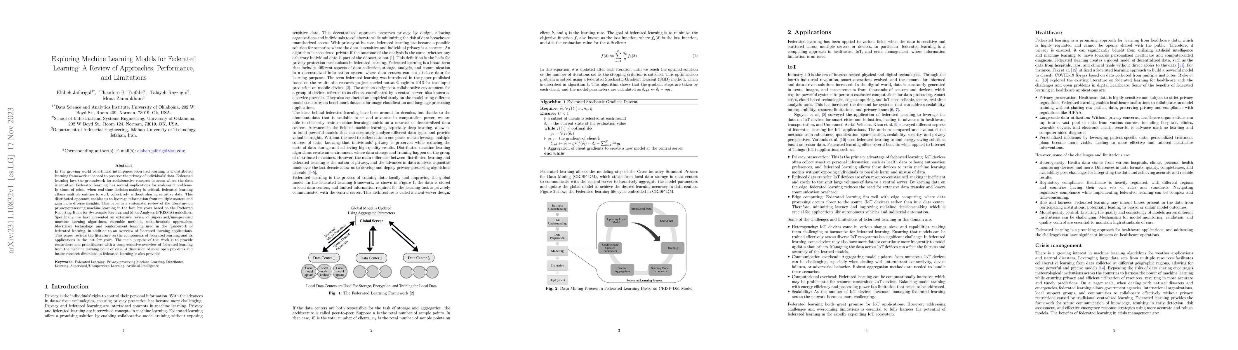 Thumbnail for Exploring Machine Learning Models for Federated Learning: A Review of
  Approaches, Performance, and Limitations