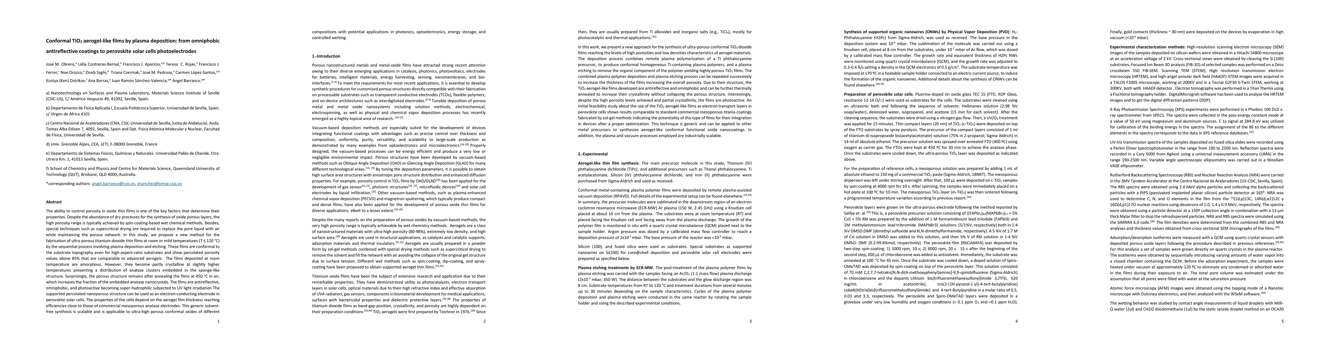 Thumbnail for Conformal TiO$_2$ aerogel-like films by plasma deposition: from
  omniphobic antireflective coatings to perovskite solar cells photoelectrodes