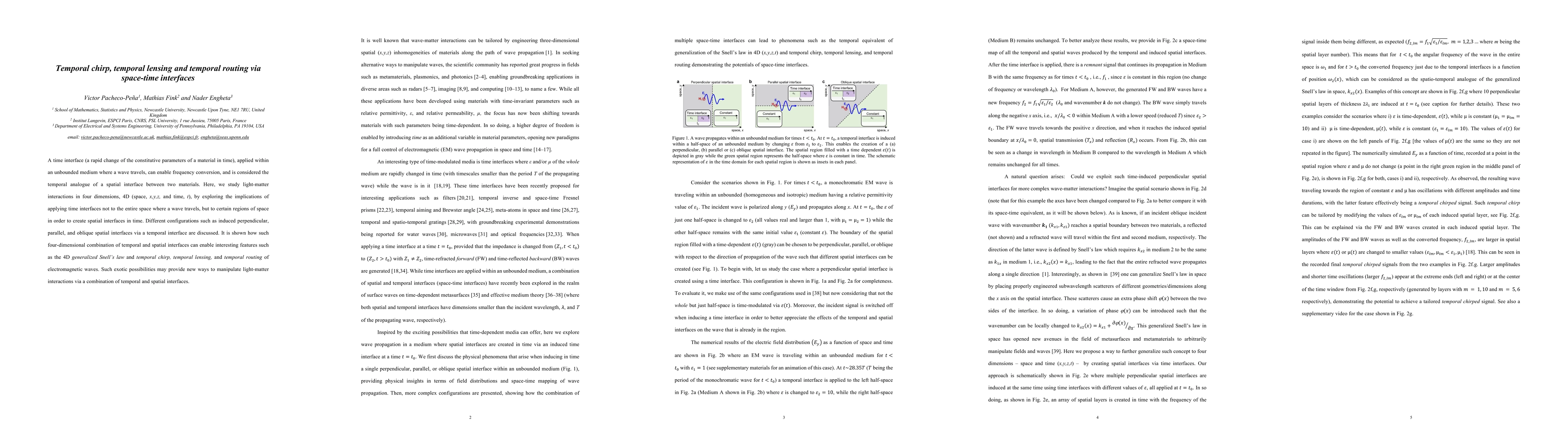 Thumbnail for Temporal chirp, temporal lensing and temporal routing via space-time
  interfaces