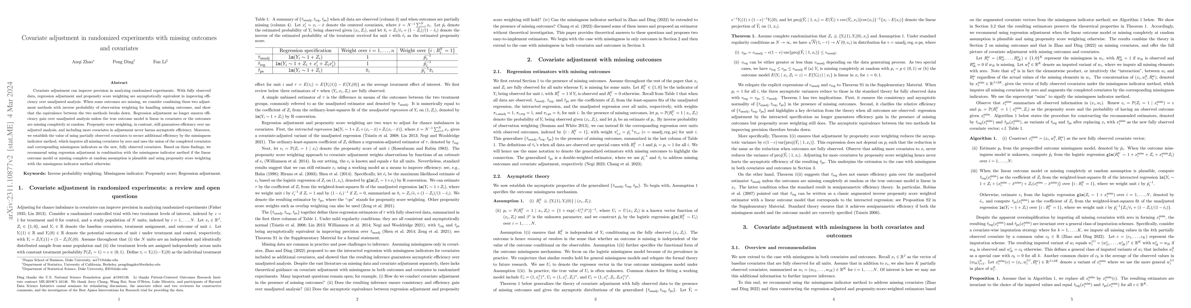 Thumbnail for Covariate adjustment in randomized experiments with missing outcomes and
  covariates
