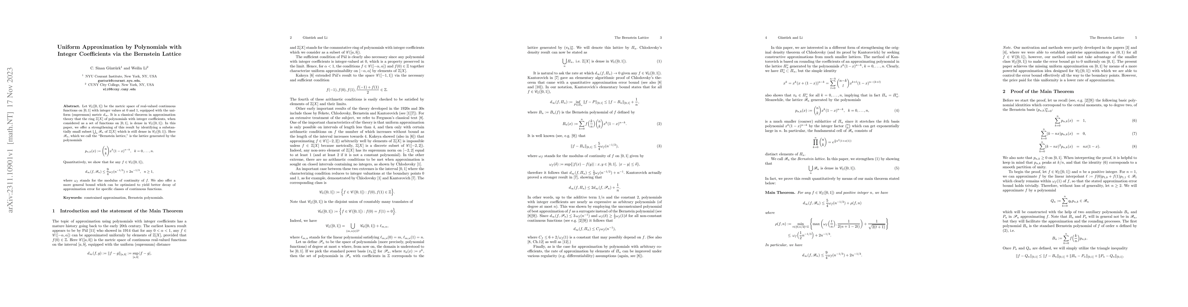 Thumbnail for Uniform Approximation by Polynomials with Integer Coefficients via the
  Bernstein Lattice