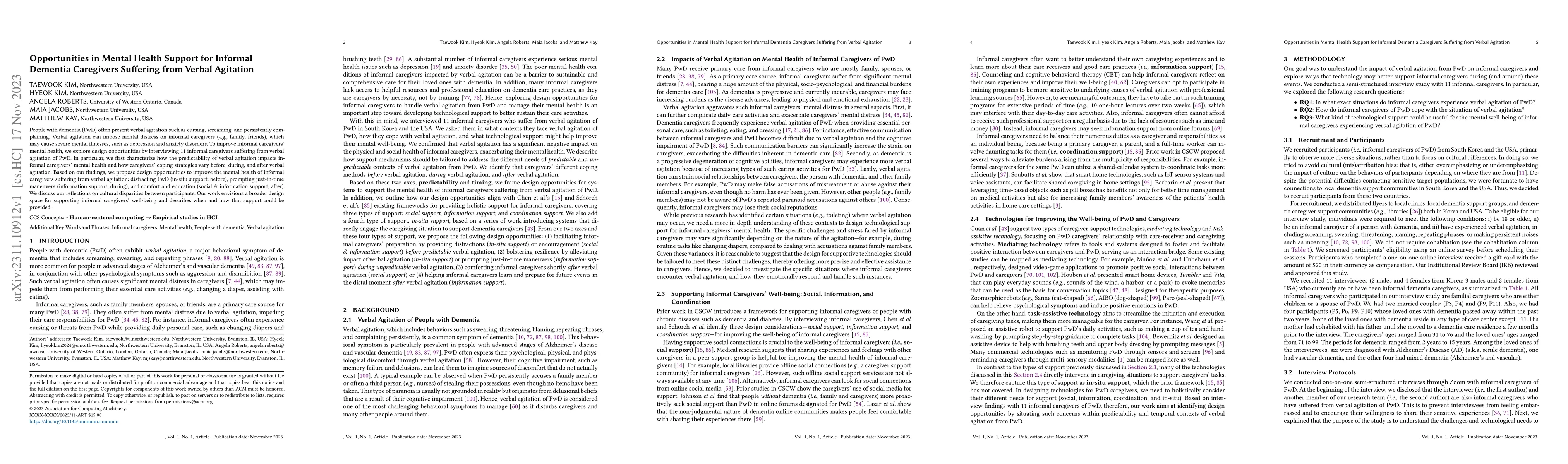 Thumbnail for Opportunities in Mental Health Support for Informal Dementia Caregivers
  Suffering from Verbal Agitation